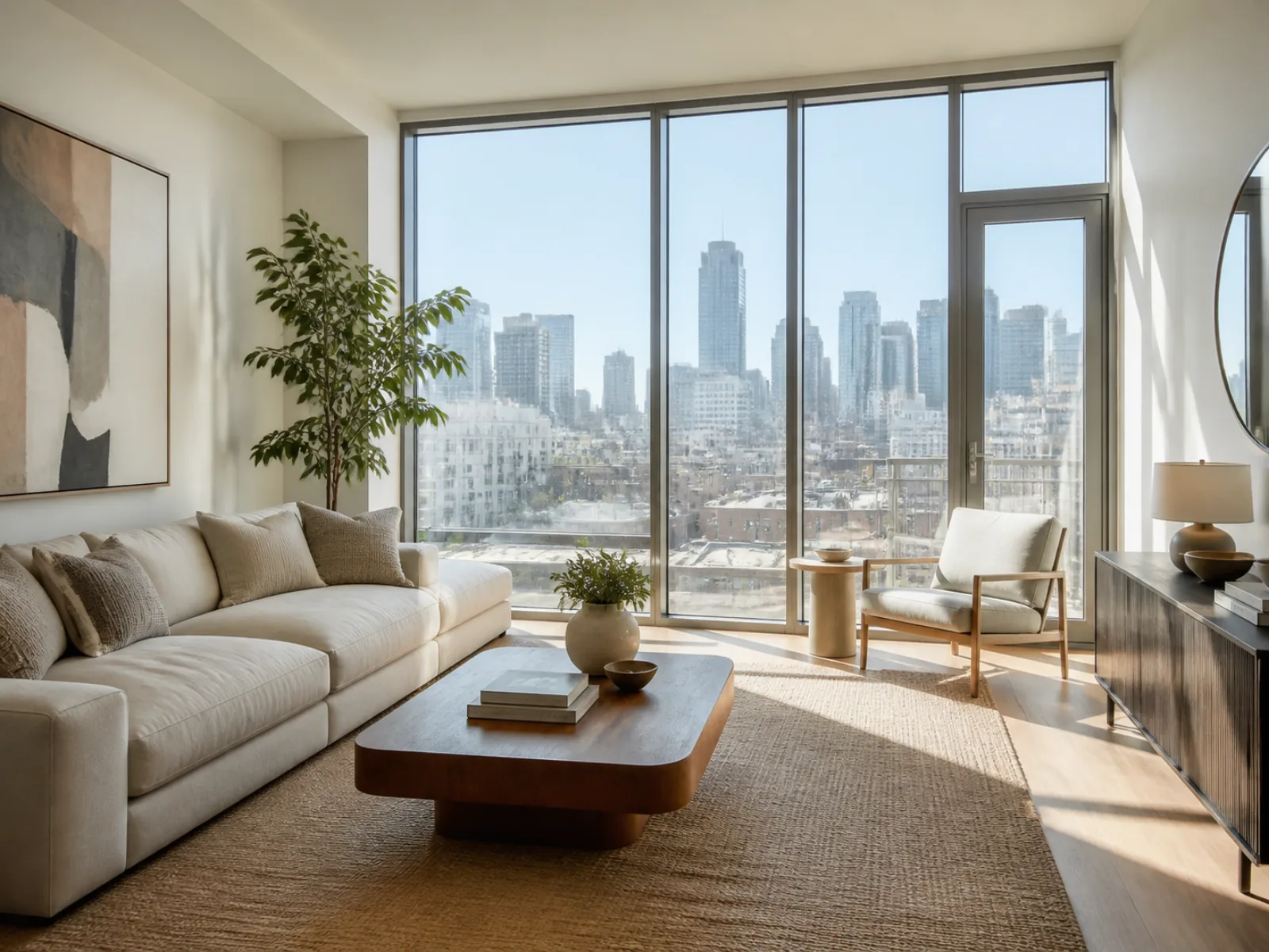 Sunlit apartment living room with city views